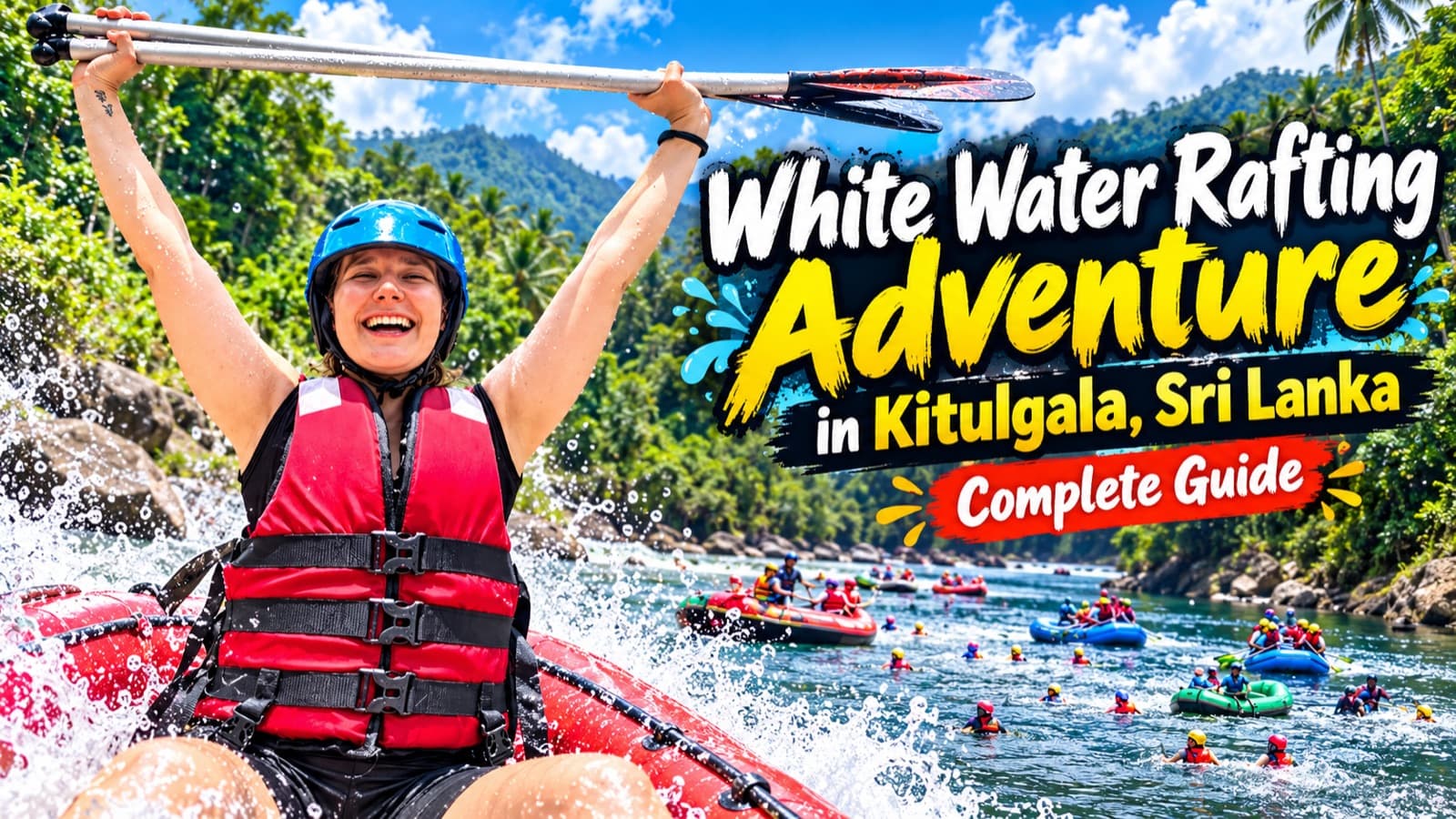 Smiling rafter holding a paddle overhead during a white water rafting adventure on the Kelani River in Kitulgala, Sri Lanka
